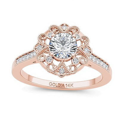0.63 ct. Gesamtgewicht Diamant Verlobungsring im Vintage-Stil mit Blütenrahmen in 14K Roségold