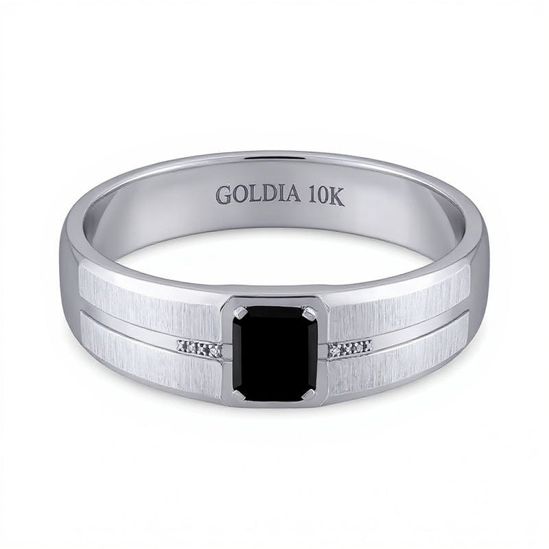 Ring mit rechteckigem schwarzem Onyx und Diamant-Besatz in 10K Weißgold