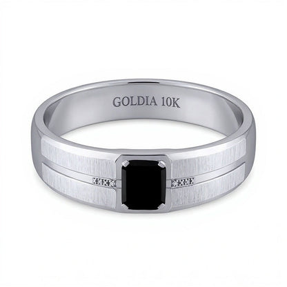 Ring mit rechteckigem schwarzem Onyx und Diamant-Besatz in 10K Weißgold