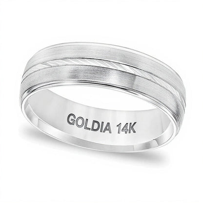 6,0 mm Ehering mit Komfortschliff, geätzter Mitte im Swiss-Cut und gebürstetem Finish in 14K Weißgold
