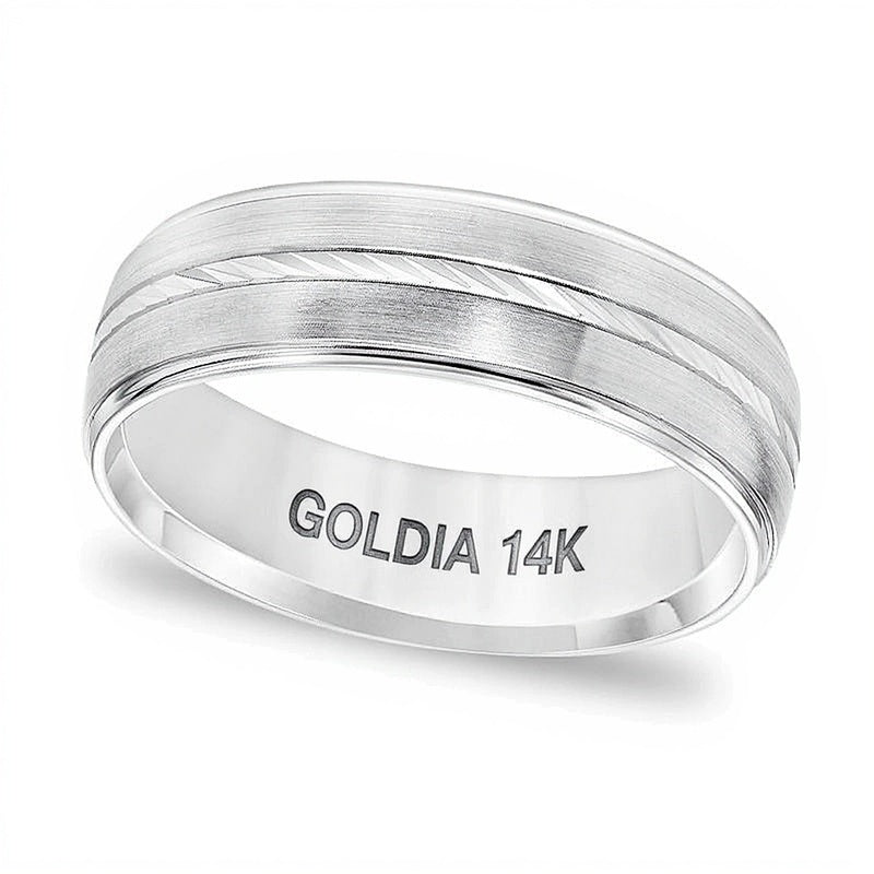 6,0 mm Ehering mit Komfortschliff, geätzter Mitte im Swiss-Cut und gebürstetem Finish in 14K Weißgold