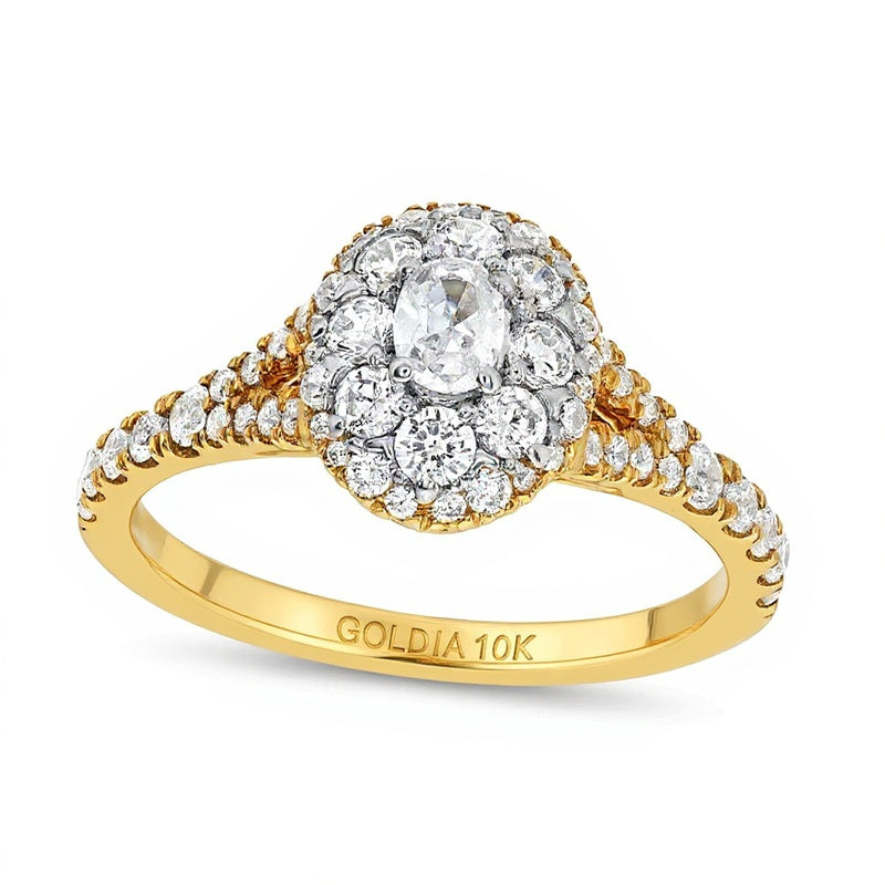 0.75 ct. Gesamtgewicht Verlobungsring mit ovalen Diamanten und Split-Shank in 10K Gelbgold