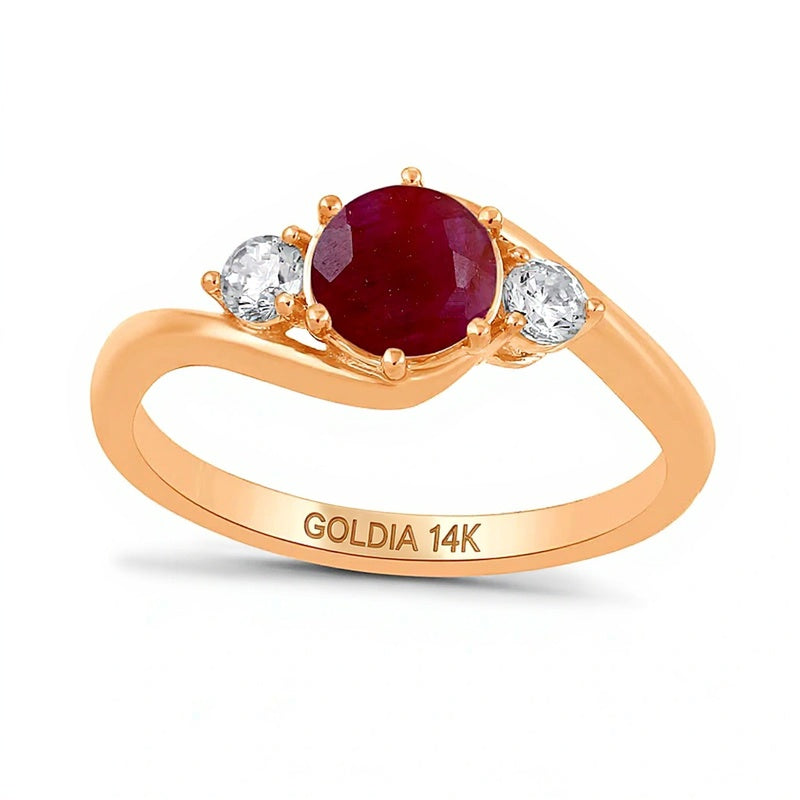 6,0mm Rubin und Labordiamant 0,2 ct. Gesamtgewicht Dreistein-Bypass-Ring in 14K Roségold