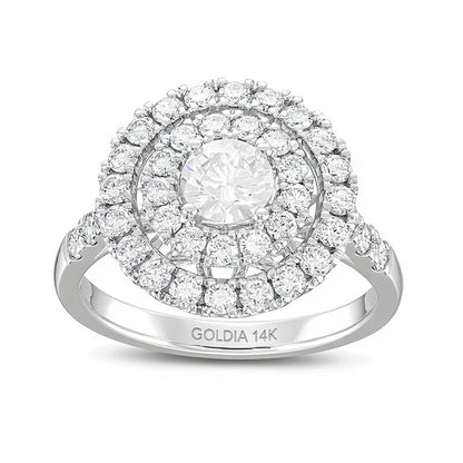 1.5 CT. Gesamtgewicht Diamant Verlobungsring mit doppeltem Halo in 14K Weißgold (I/I1)