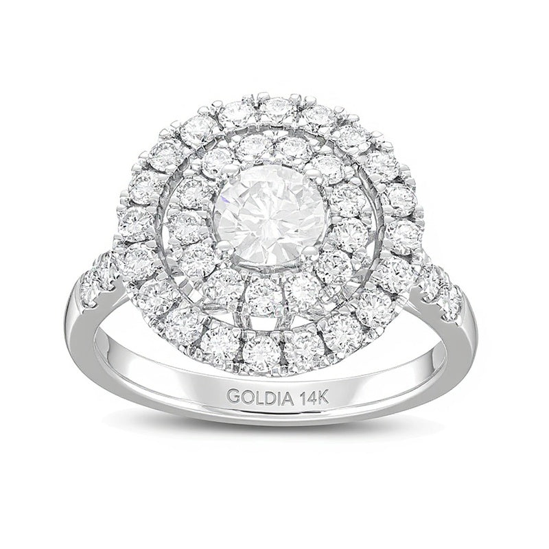 1.5 CT. Gesamtgewicht Diamant Verlobungsring mit doppeltem Halo in 14K Weißgold (I/I1)