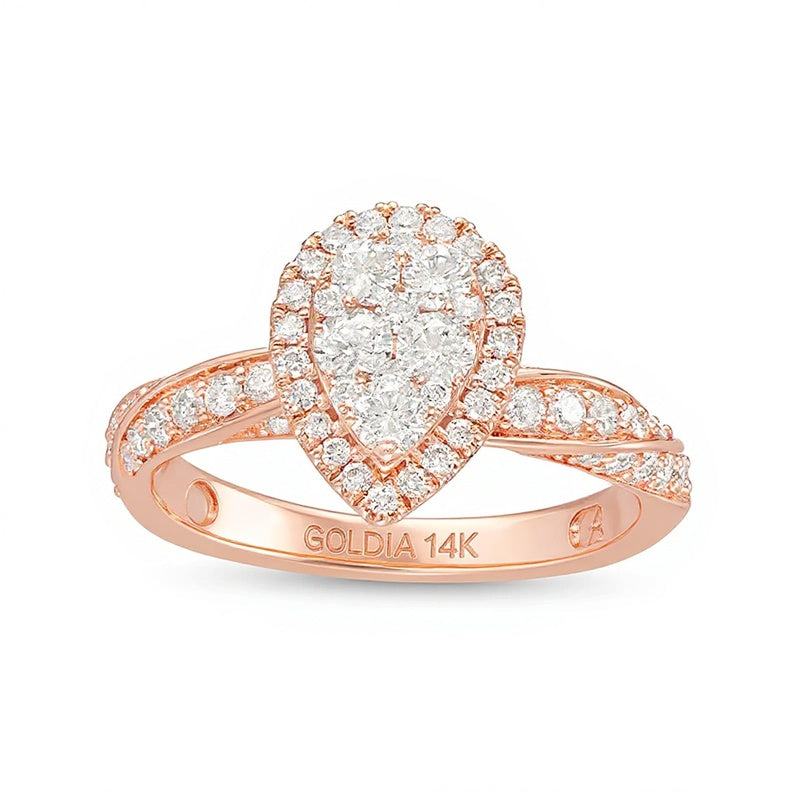 1.0 ct. Gesamtgewicht Komposit-Verlobungsring mit Diamanten im Tropfen- und Rundschliff und gedrehter Ringschiene in 14K Roségold