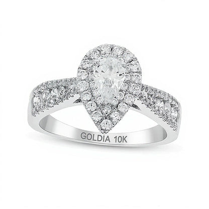 Verlobungsring 1.0 ct. Gesamtgewicht mit tropfenförmigem Diamant, Doppel-Halo und dreireihigem, sich verjüngendem Ring in 10K Weißgold