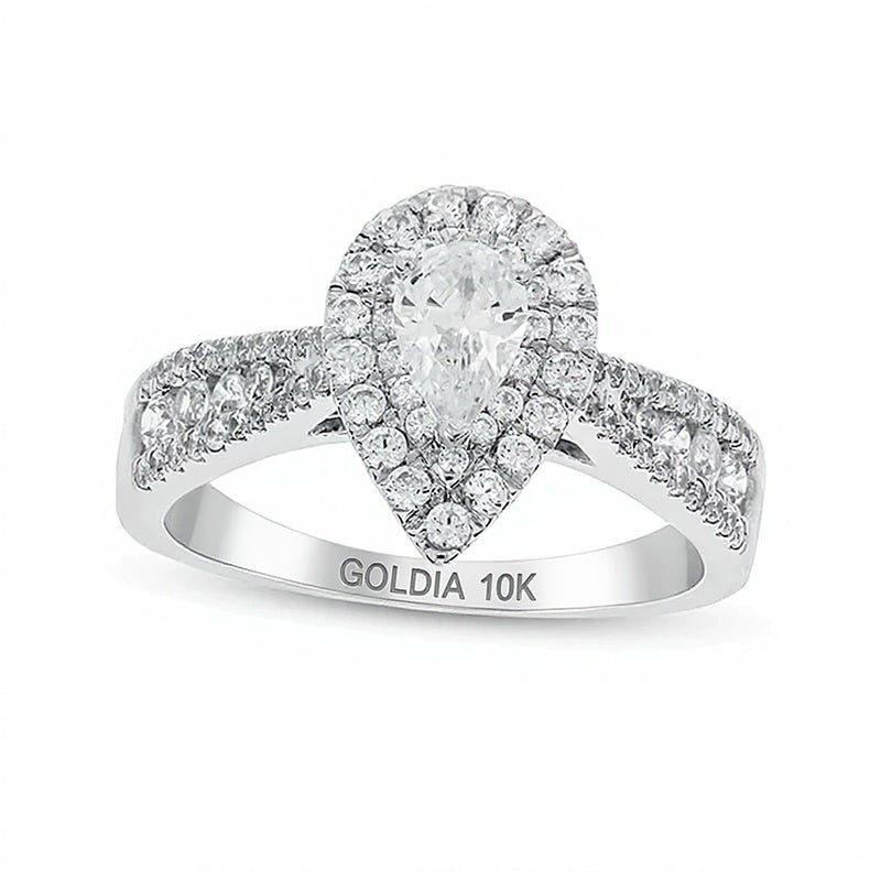 Verlobungsring 1.0 ct. Gesamtgewicht mit tropfenförmigem Diamant, Doppel-Halo und dreireihigem, sich verjüngendem Ring in 10K Weißgold