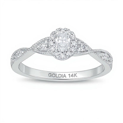 0.33 ct. Gesamtgewicht Verlobungsring mit Halo, ovalem Diamant und gedrehter Ringschiene in 14K Weißgold (I/SI2)