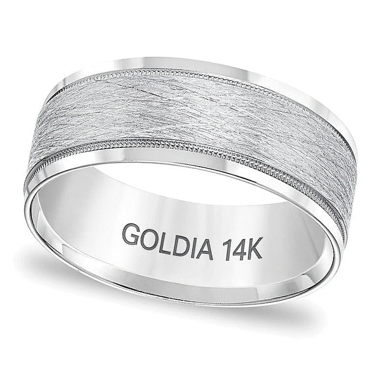 8,0mm Ehering mit Komfortschliff, gebürstetem Zentrum und Milgrain in 14K Weißgold