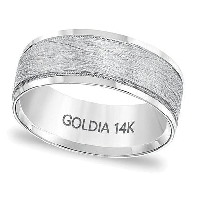 8,0mm Ehering mit Komfortschliff, gebürstetem Zentrum und Milgrain in 14K Weißgold