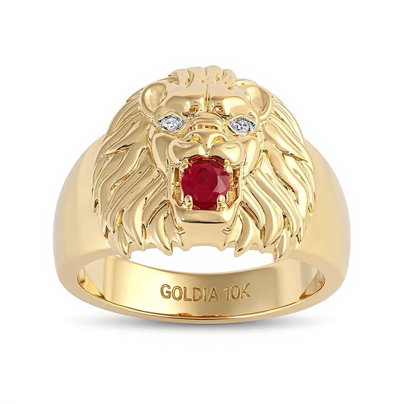 Löwenkopf-Ring mit Rubin und Diamant-Besatz in 10K Gelbgold
