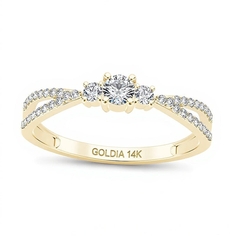 0.25 ct. Gesamtgewicht Diamant Dreistein Verlobungsring mit geteiltem Ringschienenkopf in 14K Gelbgold
