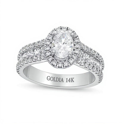 1.75 CT. Gesamtgewicht Verlobungsring mit ovalem Labordiamant und Halo, dreireihig, in 14K Weißgold (F/VS2)
