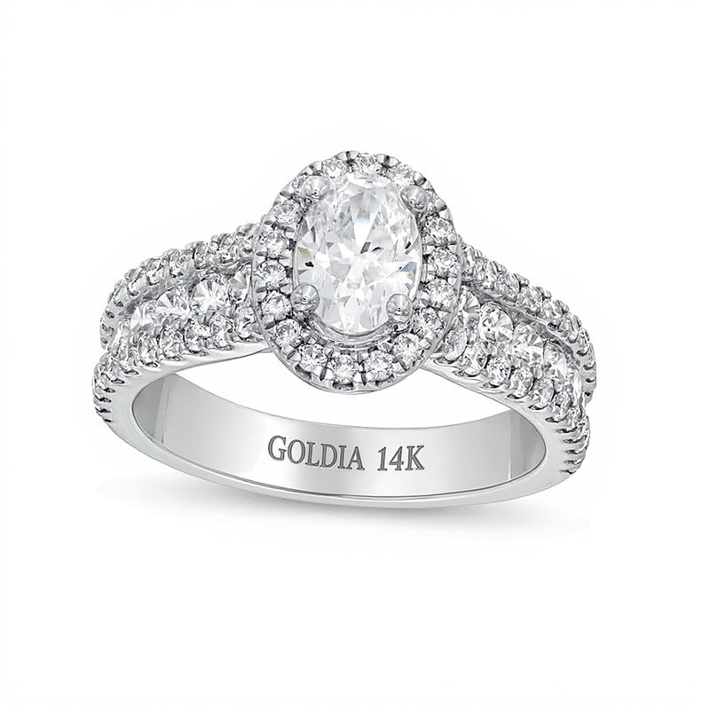 1.75 CT. Gesamtgewicht Verlobungsring mit ovalem Labordiamant und Halo, dreireihig, in 14K Weißgold (F/VS2)