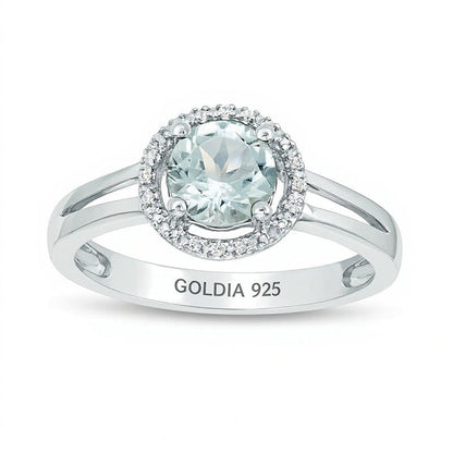 Halo-Ring mit Aquamarin und Diamant-Besatz, 5,7 mm, rund, mit geteilter Ringschiene in rhodiniertem Sterlingsilber