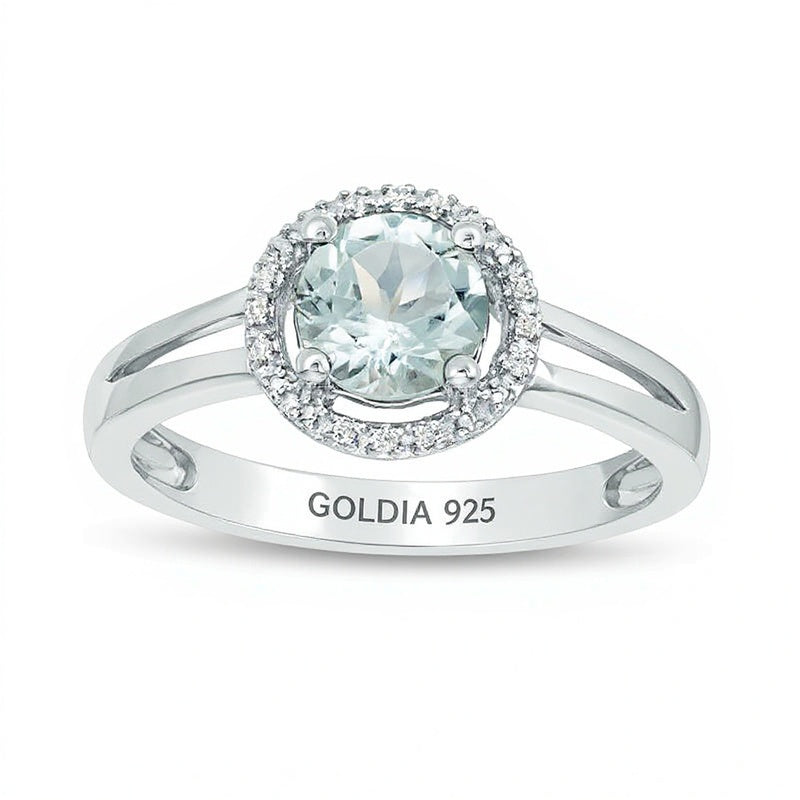 Halo-Ring mit Aquamarin und Diamant-Besatz, 5,7 mm, rund, mit geteilter Ringschiene in rhodiniertem Sterlingsilber