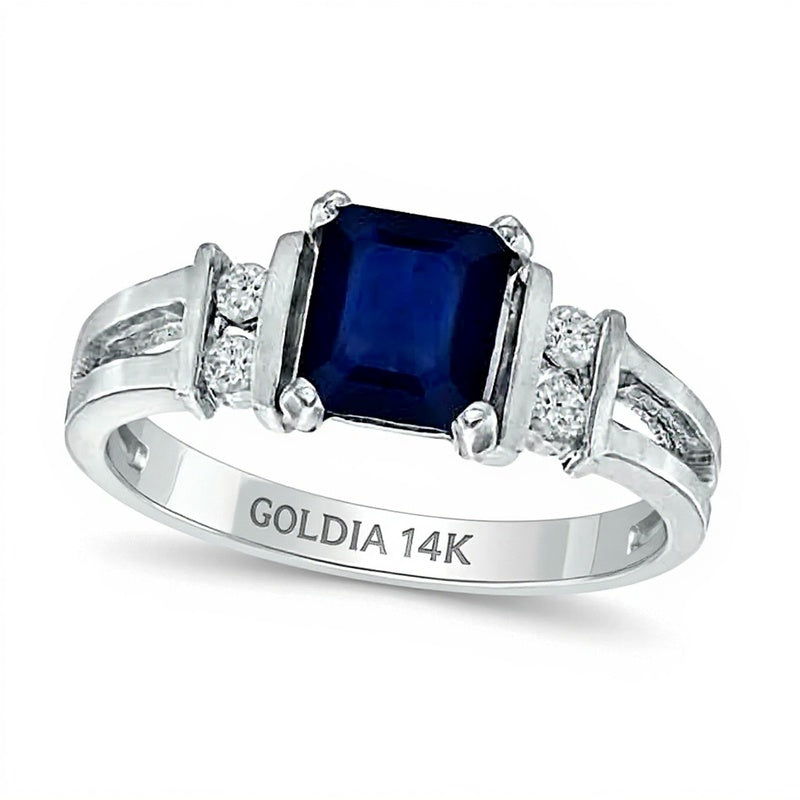 Fashion-Ring mit blauem Saphir im Smaragdschliff und Diamanten 0,1 ct. Gesamtgewicht in 14K Weißgold