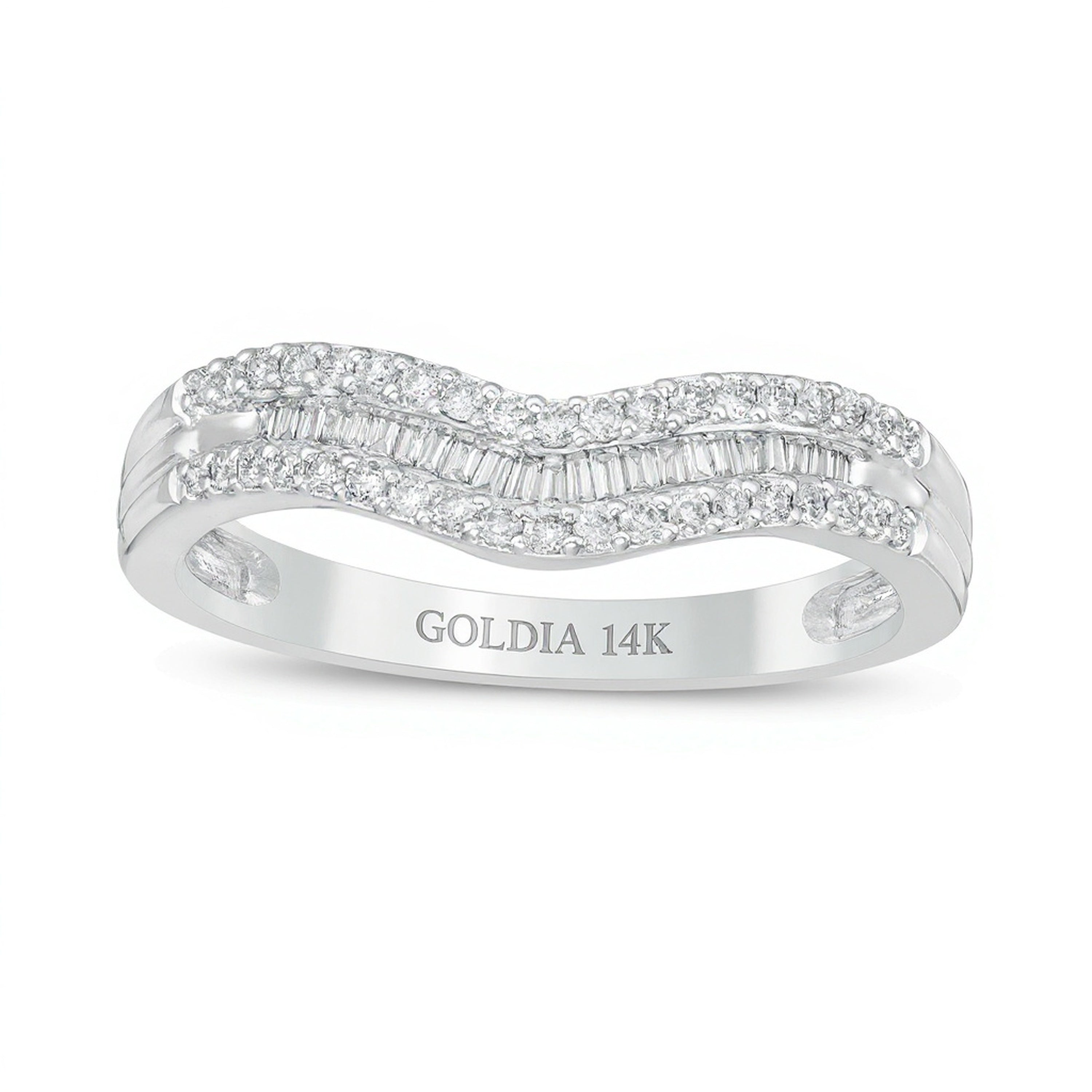 0.25 ct. Gesamtgewicht Memoire-Ring mit Baguette- und runden Diamanten, mehrreihig mit Kontur, in 14K Weißgold