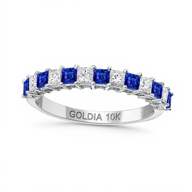 Memoire-Ring mit blauem Saphir im Princess-Schliff und Diamant im Princess-Schliff 0,38 ct. Gesamtgewicht im Wechsel in 10K Weißgold