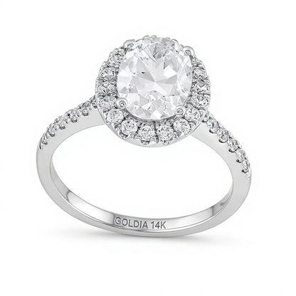 2.5 CT. Gesamtgewicht Verlobungsring mit ovalem Labordiamant und Halo in 14K Weißgold (F/SI2)