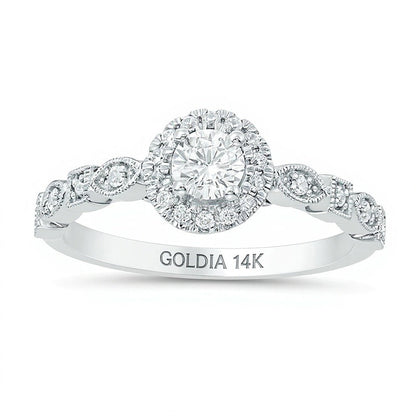 0,38 ct. Gesamtgewicht Diamant Halo Verlobungsring im Vintage-Stil in 14K Weißgold