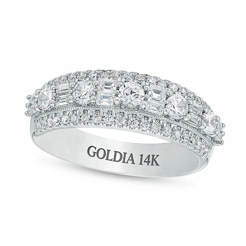 1.0 ct. Gesamtgewicht Memoire-Ring mit Baguette- und runden Diamanten im Vintage-Stil in 14K Weißgold