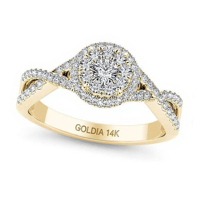 0,5 ct. Gesamtgewicht Diamant-Verlobungsring mit Halo und gedrehter Schiene in 14K Gelbgold