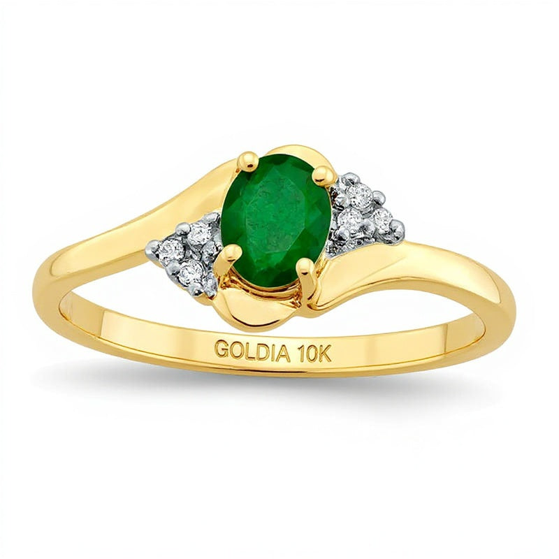 Fashion-Ring mit ovalem Smaragd und Diamant-Besatz in 10K Gelbgold