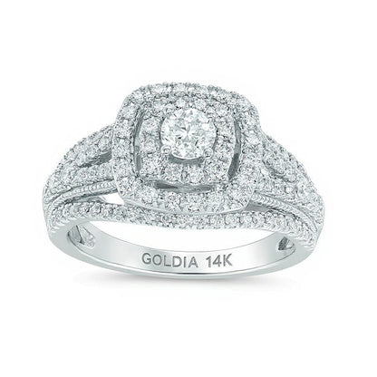Verlobungsring im Vintage-Stil mit Diamanten 1.0 CT. Gesamtgewicht, rund und Kissenschliff, mehrreihig, in 14K Weißgold