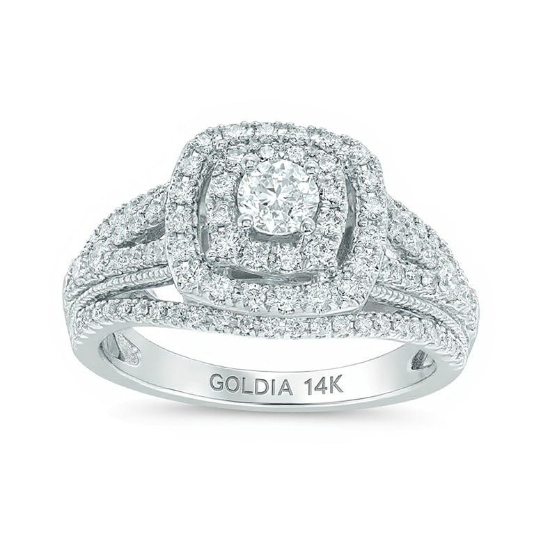 Verlobungsring im Vintage-Stil mit Diamanten 1.0 CT. Gesamtgewicht, rund und Kissenschliff, mehrreihig, in 14K Weißgold