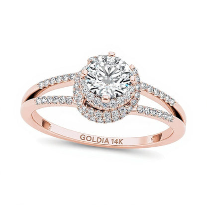 0.75 ct. Gesamtgewicht Diamant Halo Verlobungsring mit geteilter Schiene in 14K Roségold