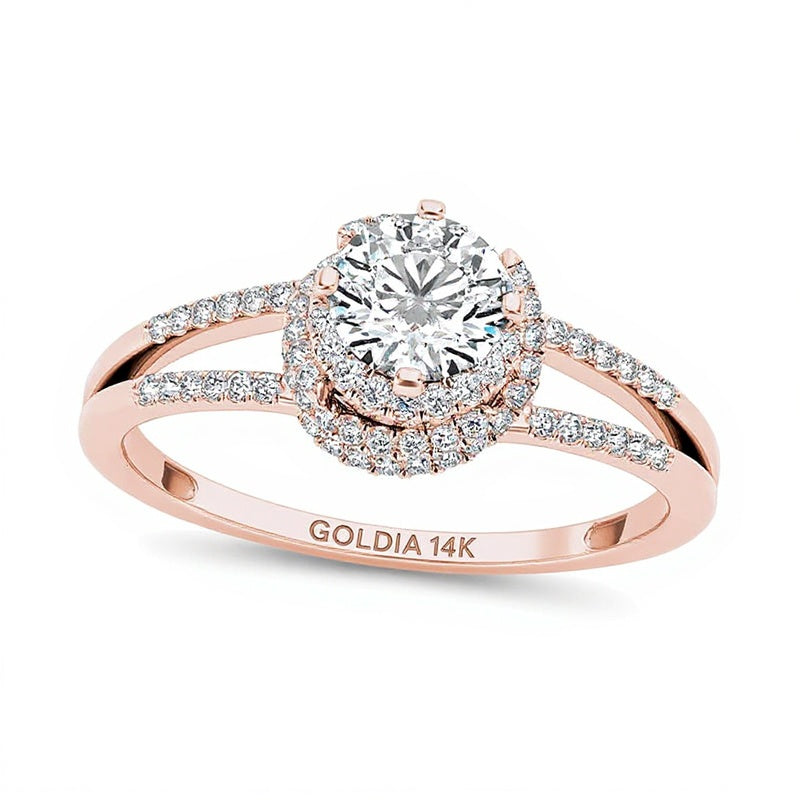0.75 ct. Gesamtgewicht Diamant Halo Verlobungsring mit geteilter Schiene in 14K Roségold