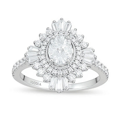 1.25 ct. Gesamtgewicht Komposit-Diamant Cocktail-Ring mit ovalem Starburst-Rahmen in 14K Weißgold