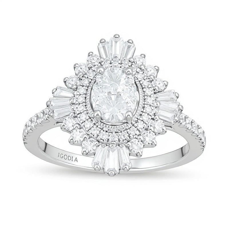 1.25 ct. Gesamtgewicht Komposit-Diamant Cocktail-Ring mit ovalem Starburst-Rahmen in 14K Weißgold