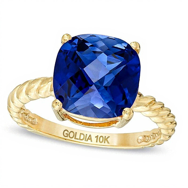 10,0mm blauer Saphir im Kissenschliff (Labor) Fashion Ring in 10K Gelbgold