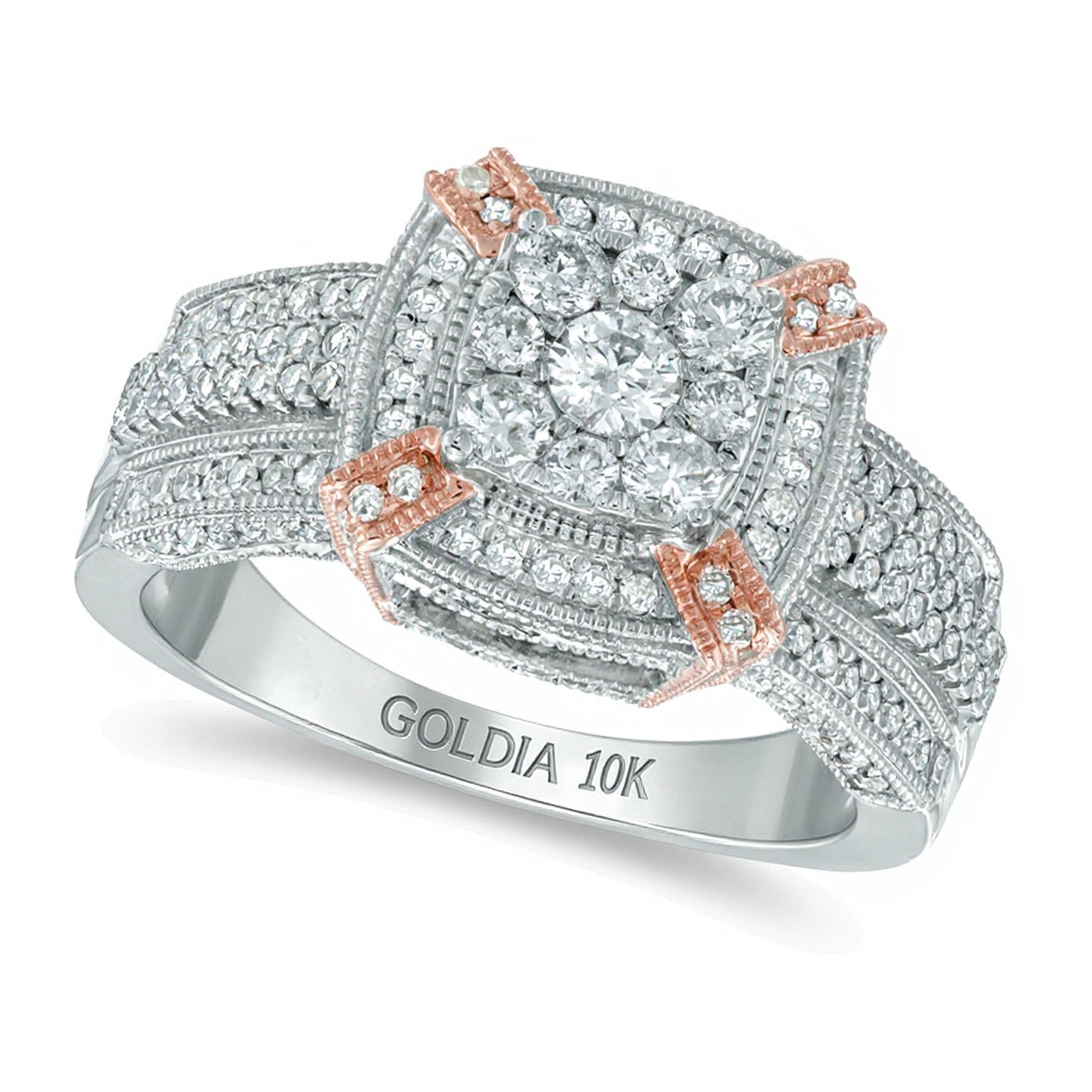 Verlobungsring im Vintage-Stil mit Diamanten 1.0 ct. Gesamtgewicht, quadratischer Rahmen, in 10K Gold zweifarbig