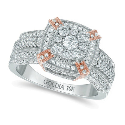 Verlobungsring im Vintage-Stil mit Diamanten 1.0 ct. Gesamtgewicht, quadratischer Rahmen, in 10K Gold zweifarbig