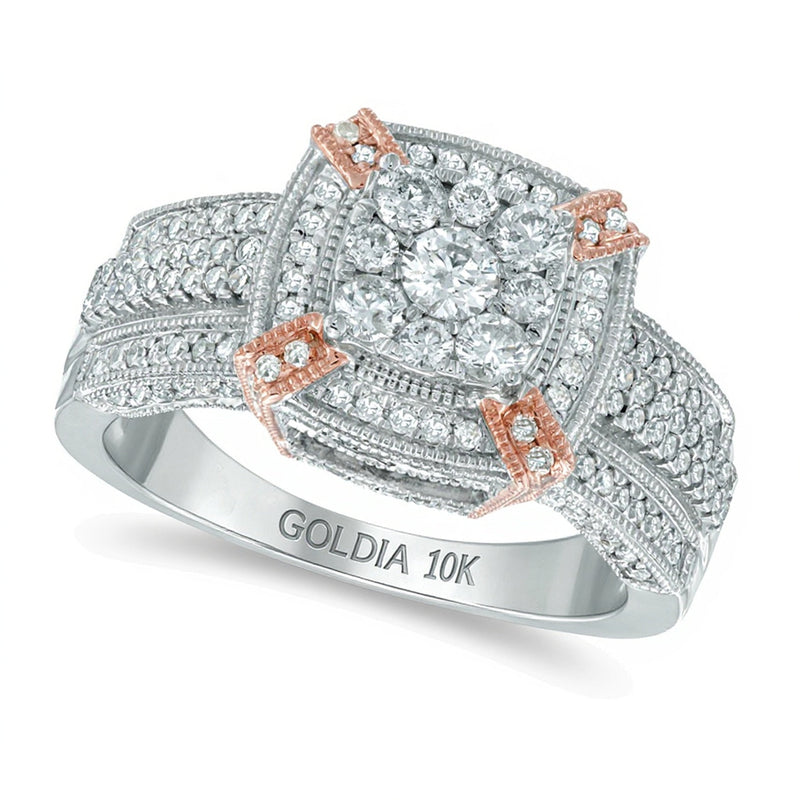 Verlobungsring im Vintage-Stil mit Diamanten 1.0 ct. Gesamtgewicht, quadratischer Rahmen, in 10K Gold zweifarbig