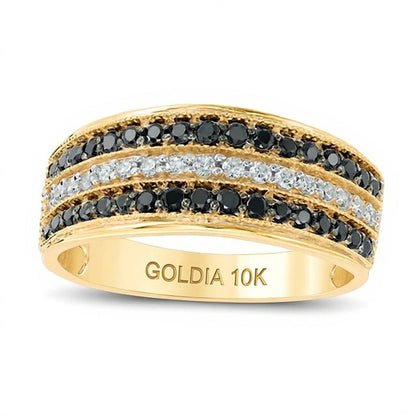 0.5 ct. Gesamtgewicht behandelter schwarzer und weißer Diamant dreireihiger Ring in 10K Gelbgold