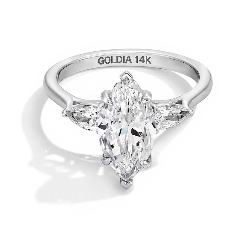 2.38 CT. Gesamtgewicht Dreistein-Verlobungsring mit Labordiamanten im Marquise- und Tropfenschliff in 14K Weißgold