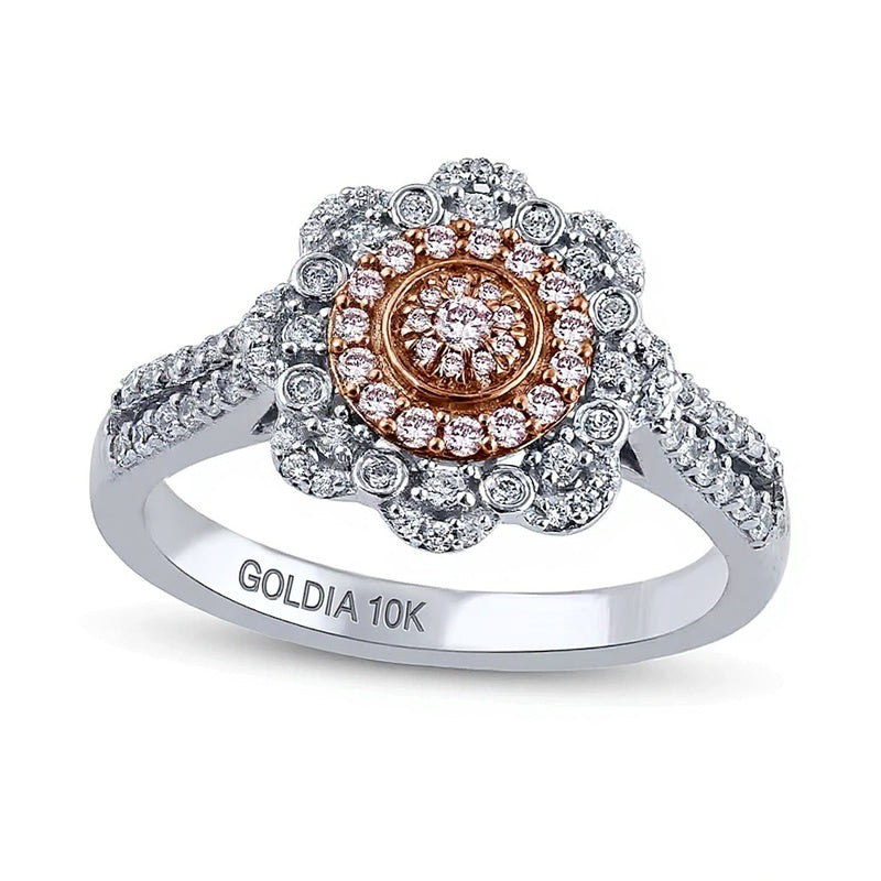 0.5 CT. Gesamtgewicht Ring mit rosa und weißen Diamanten und Blütenfassung aus 10K Bicolor-Gold