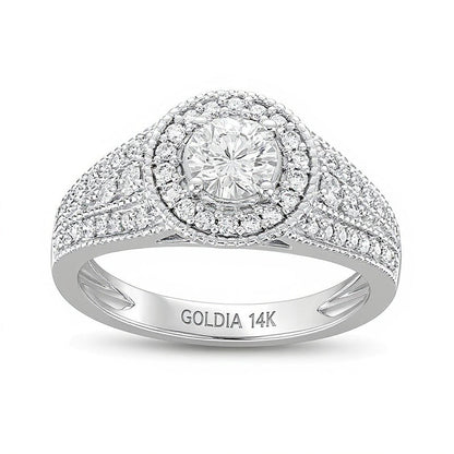 1.0 CT. TW Diamant-Verlobungsring Halo mit seitlichem Besatz und geteilter Schiene in 14K Weißgold (I/I2)