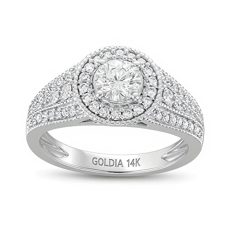 1.0 CT. TW Diamant-Verlobungsring Halo mit seitlichem Besatz und geteilter Schiene in 14K Weißgold (I/I2)
