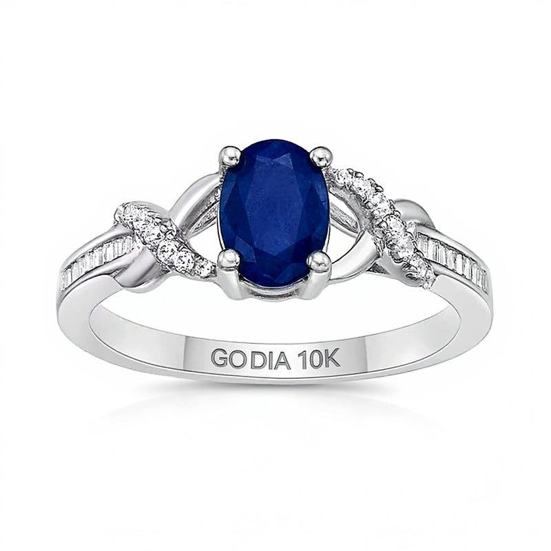 Ring mit ovalem blauem Saphir und 0,17 ct. Gesamtgewicht Diamanten, Solitär mit seitlichem Besatz, in 10K Weißgold