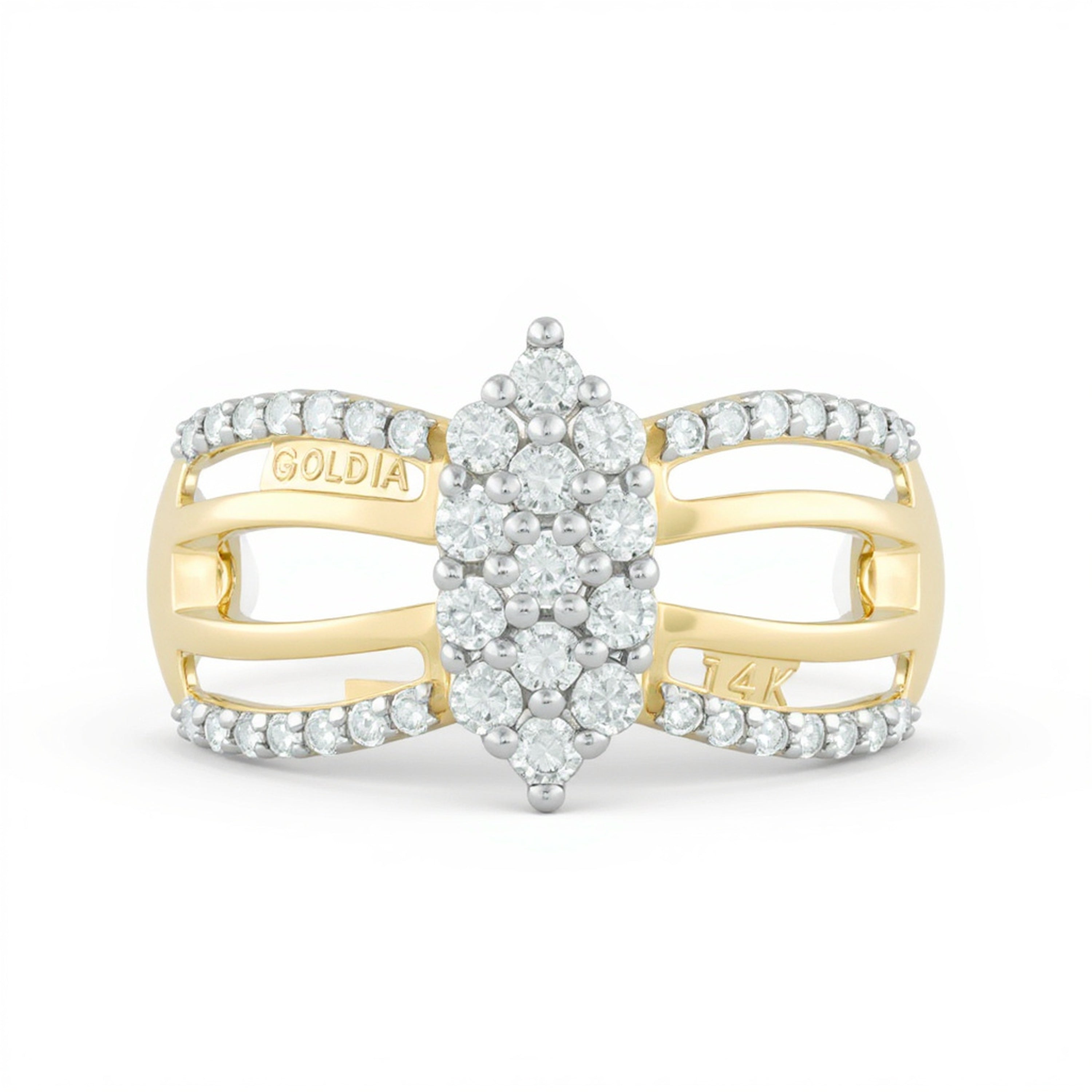 Verlobungsring mit mehreren Diamanten im Marquise-Schliff, mehrreihig, 1.0 ct. Gesamtgewicht, aus 14K Gelbgold