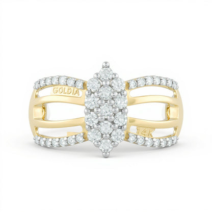 Verlobungsring mit mehreren Diamanten im Marquise-Schliff, mehrreihig, 1.0 ct. Gesamtgewicht, aus 14K Gelbgold