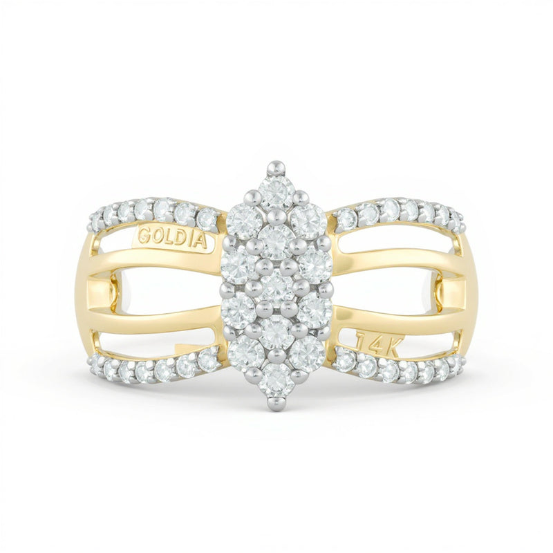 Verlobungsring mit mehreren Diamanten im Marquise-Schliff, mehrreihig, 1.0 ct. Gesamtgewicht, aus 14K Gelbgold