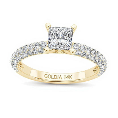 Solitär-Verlobungsring mit seitlichem Besatz und Diamanten im Princess- und Rundschliff, 1.0 ct. Gesamtgewicht, in 14K Gelbgold