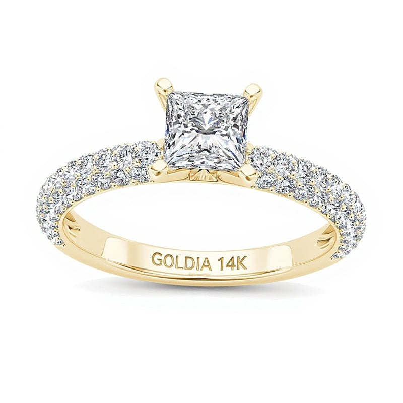 Solitär-Verlobungsring mit seitlichem Besatz und Diamanten im Princess- und Rundschliff, 1.0 ct. Gesamtgewicht, in 14K Gelbgold